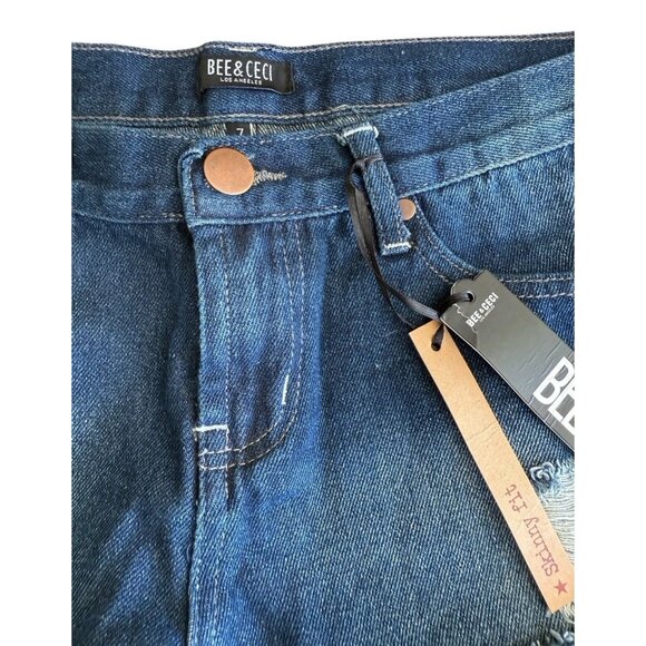 NWT Bee & Ceci Blue Skinny Fit Frayed Distressed Stretch Denim Shorts Women Sz 7 - Picture 3 of 9